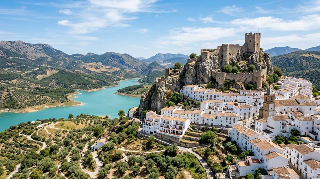 White hilltop village of Zahara de la Sierra overlooking a turquoise reservoir in Cádiz province, Andalucía, Spain
