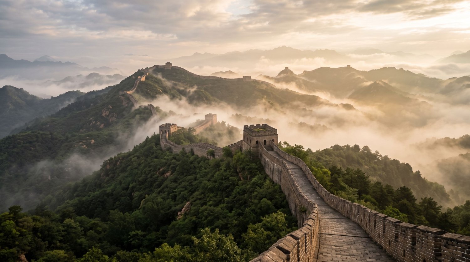 The Great Wall of China winding through misty mountains in early morning light