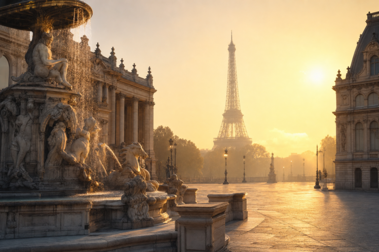 Golden-hour crowds gathering at a European fountain plaza, illustrating why timing your visit to popular attractions matters