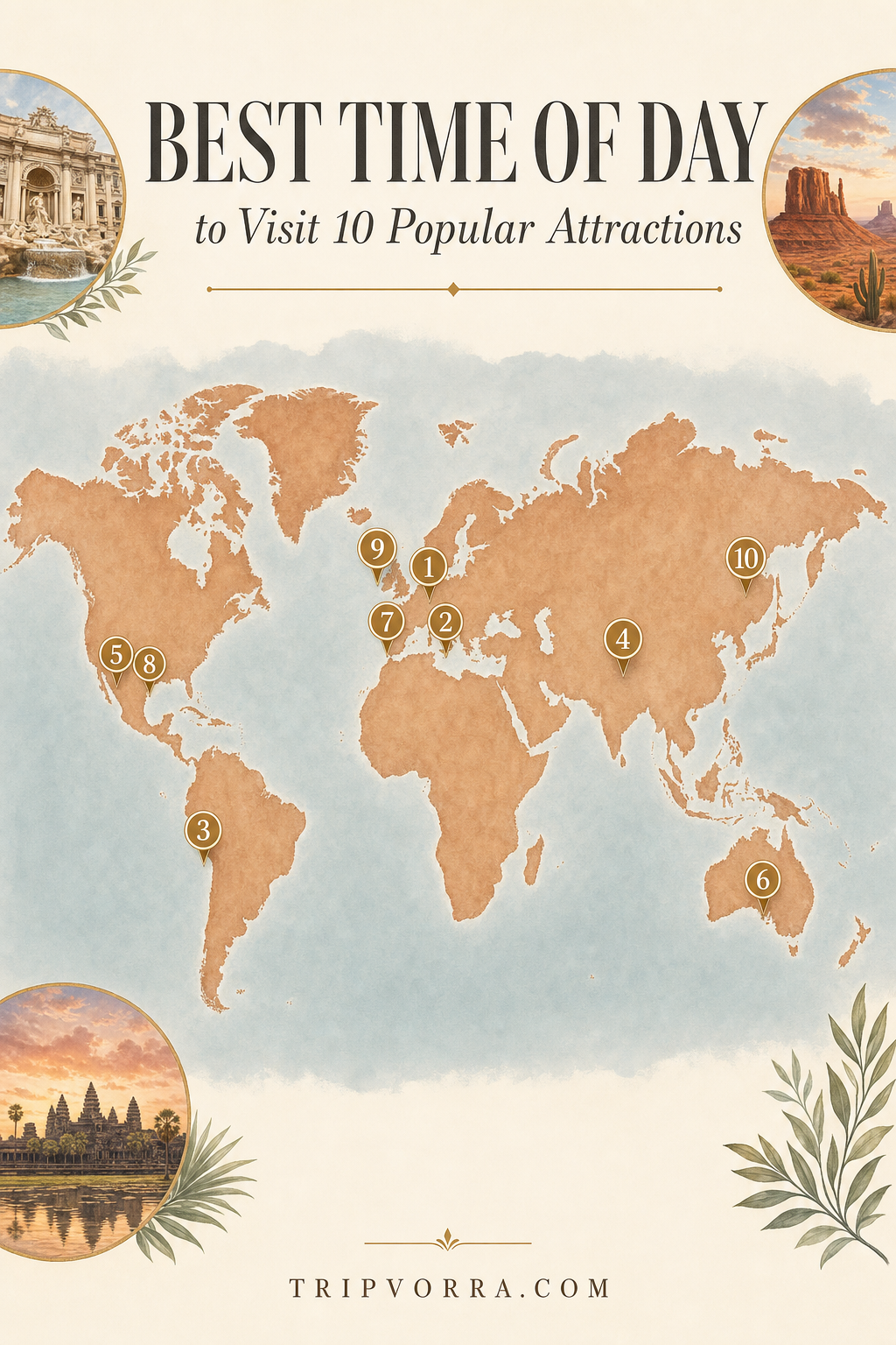World map marking the 10 popular tourist attractions covered in Tripvorra's best-time-to-visit guide