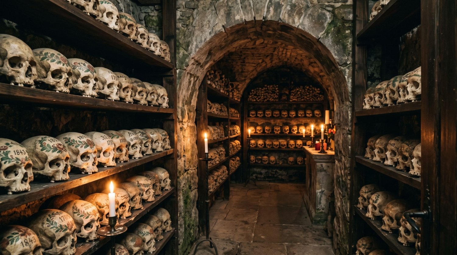 Painted skulls in the Hallstatt Beinhaus charnel house - Tripvorra