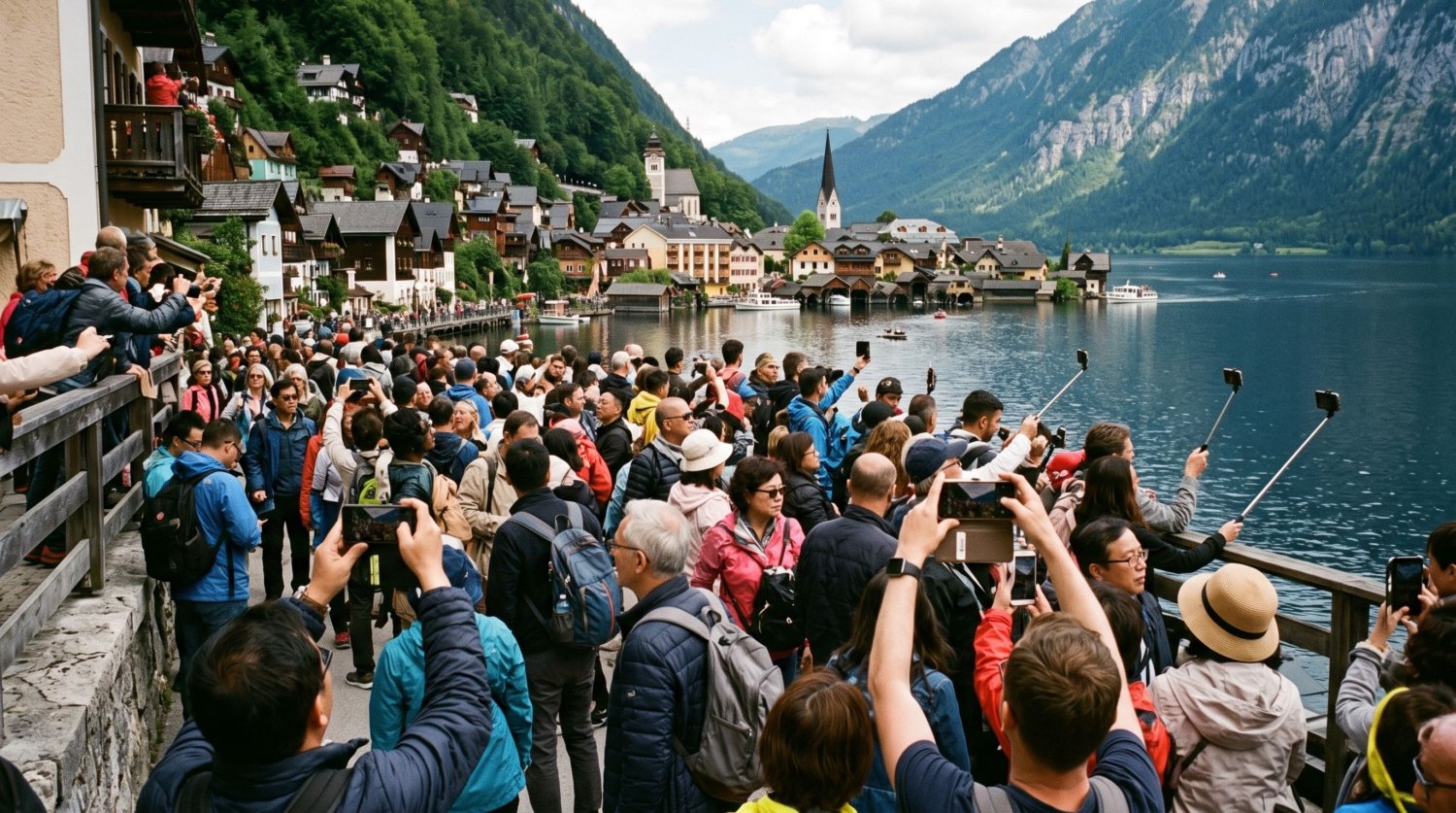 Crowded tourist viewpoint in Hallstatt, Austria - Tripvorra