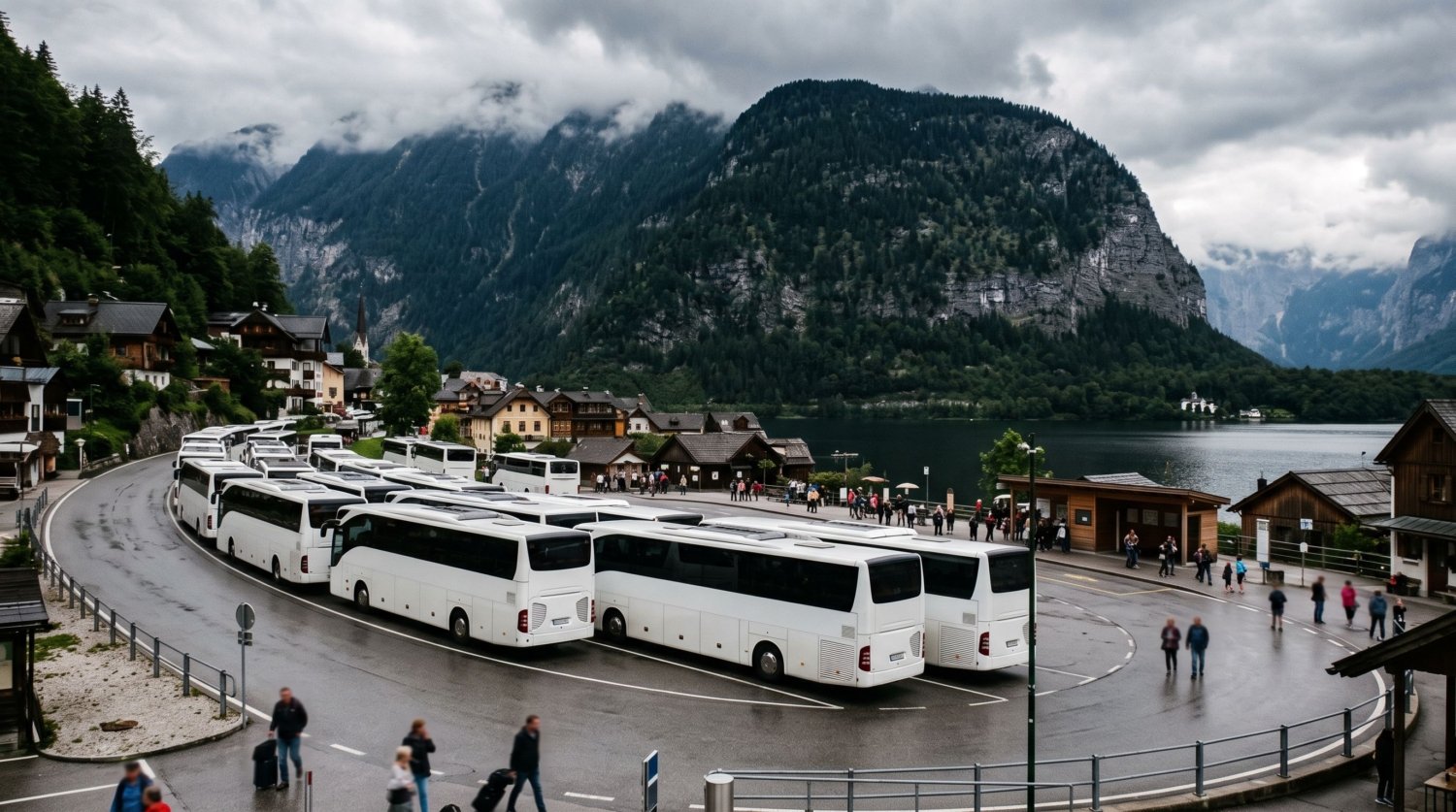 Tour buses queued at Hallstatt bus terminal - Tripvorra