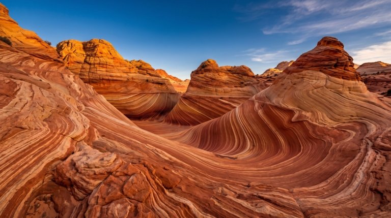 Wide golden-hour view of the swirling red and cream sandstone formation known as The Wave in Coyote Buttes North, Arizona - Tripvorra