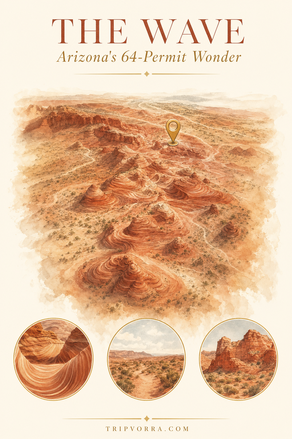 Illustrated map of The Wave and Coyote Buttes North on the Arizona-Utah border, showing the permit-limited hiking area - Tripvorra