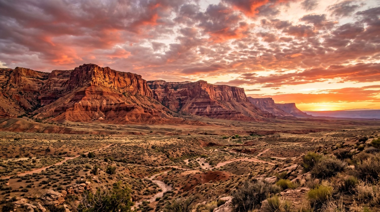 Towering layered red and orange sandstone cliff faces of the Vermilion Cliffs at sunset, northern Arizona - Tripvorra