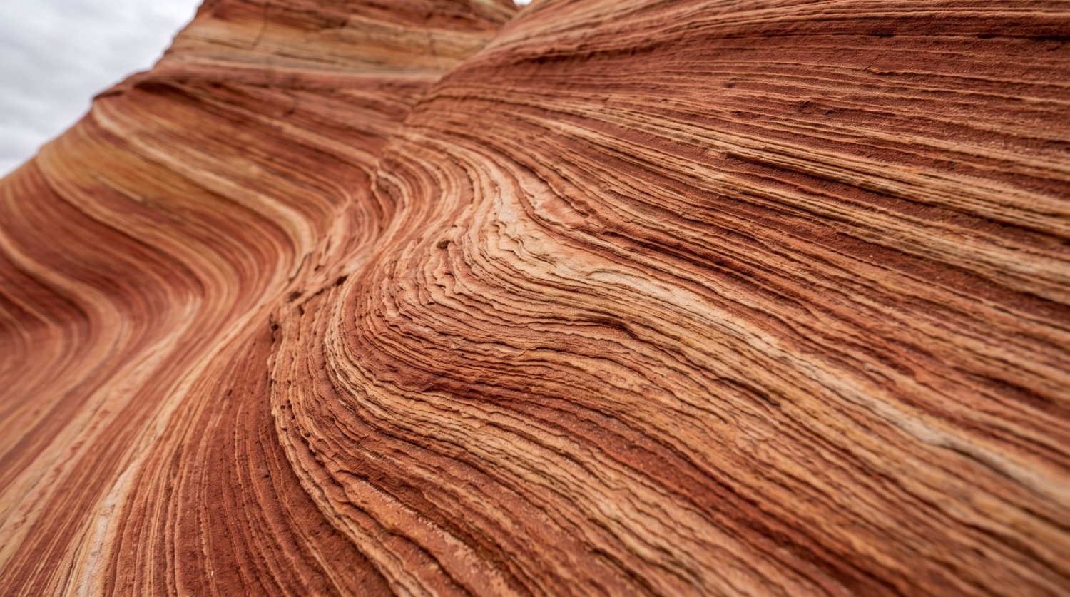 Close-up of swirling cross-bedded Navajo sandstone texture showing rhythmic red, orange, and cream bands at The Wave, Arizona - Tripvorra