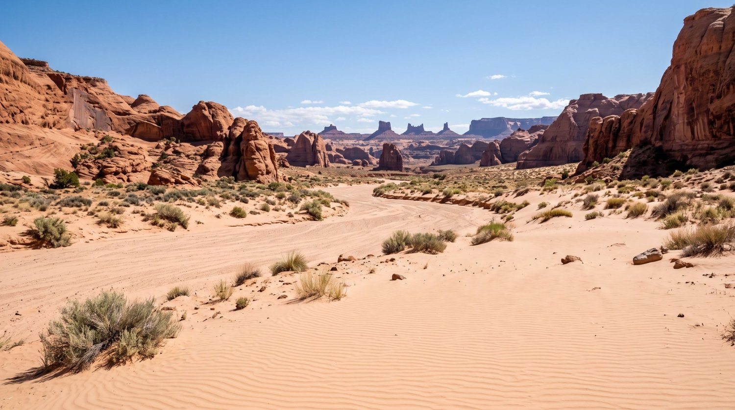 Trackless open desert sand wash with no path or road, leading toward Coyote Buttes North, Arizona - Tripvorra