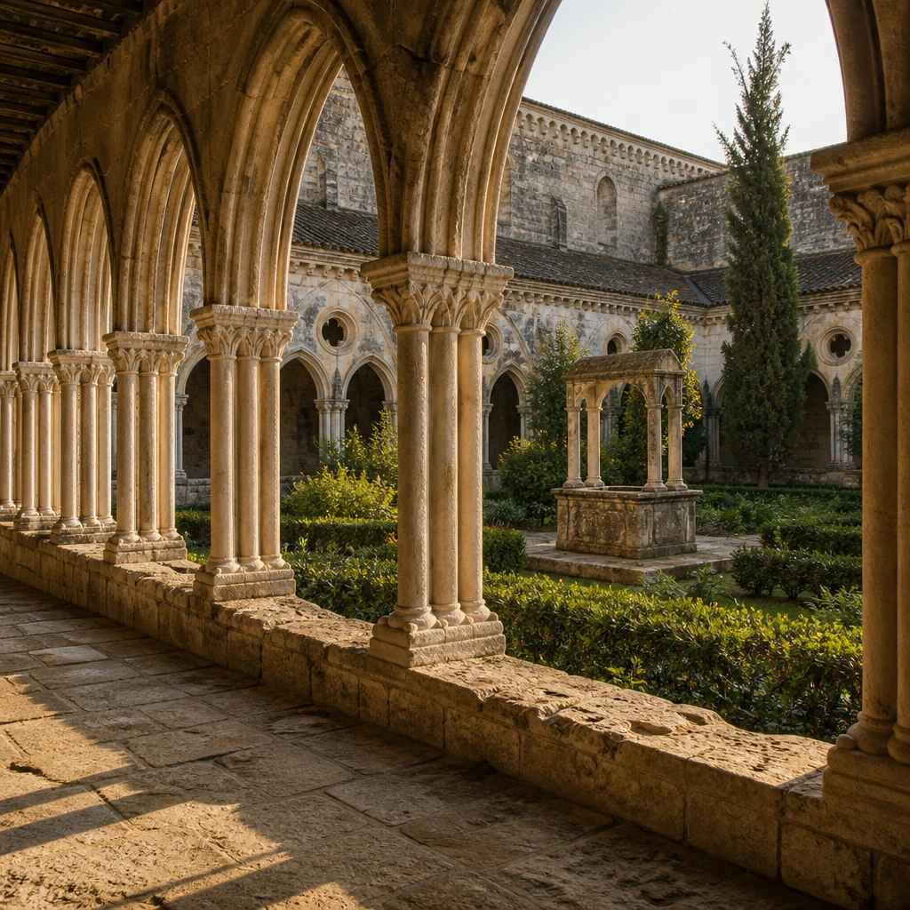 Sunlit pale limestone Gothic cloister arcade around a garden courtyard with a small stone well and cypress trees