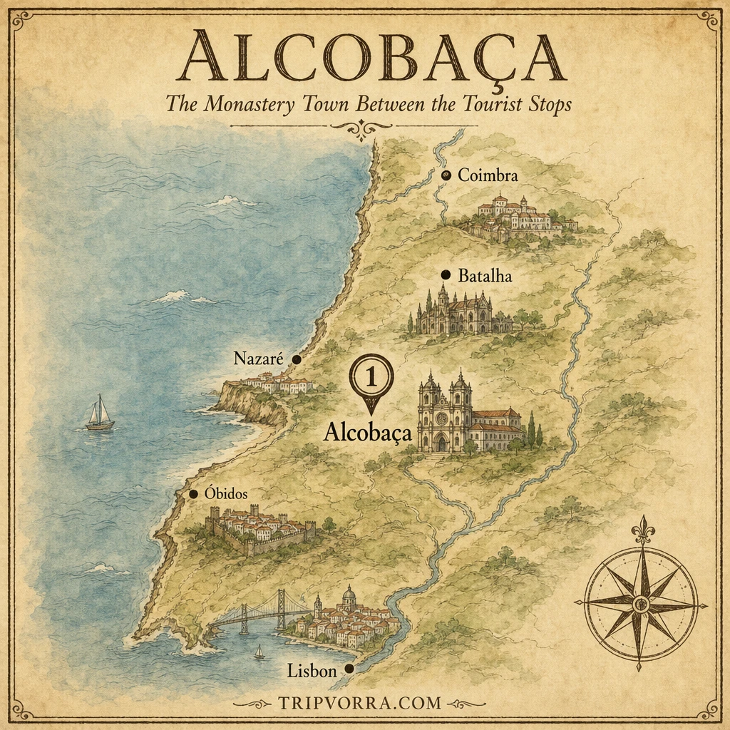 Illustrated map of central Portugal marking Alcobaça between Nazaré, Batalha, Óbidos, Coimbra and Lisbon