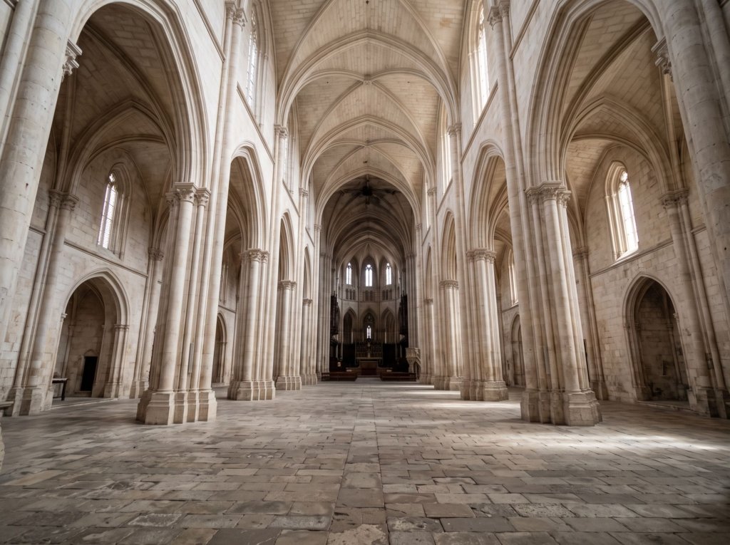 Interior of a vast pale limestone Gothic church with tall pillars and a long unadorned nave