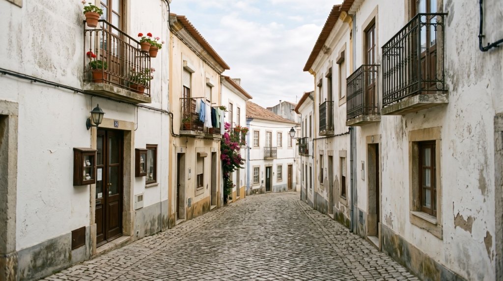 Narrow cobbled street between whitewashed and pale ochre houses with wrought-iron balconies and terracotta roofs