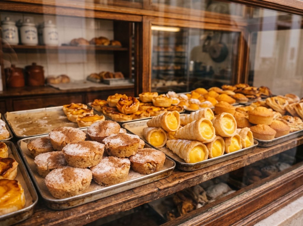 Glass display of golden Portuguese convent pastries, almond cakes and egg-cream cones in a traditional shop