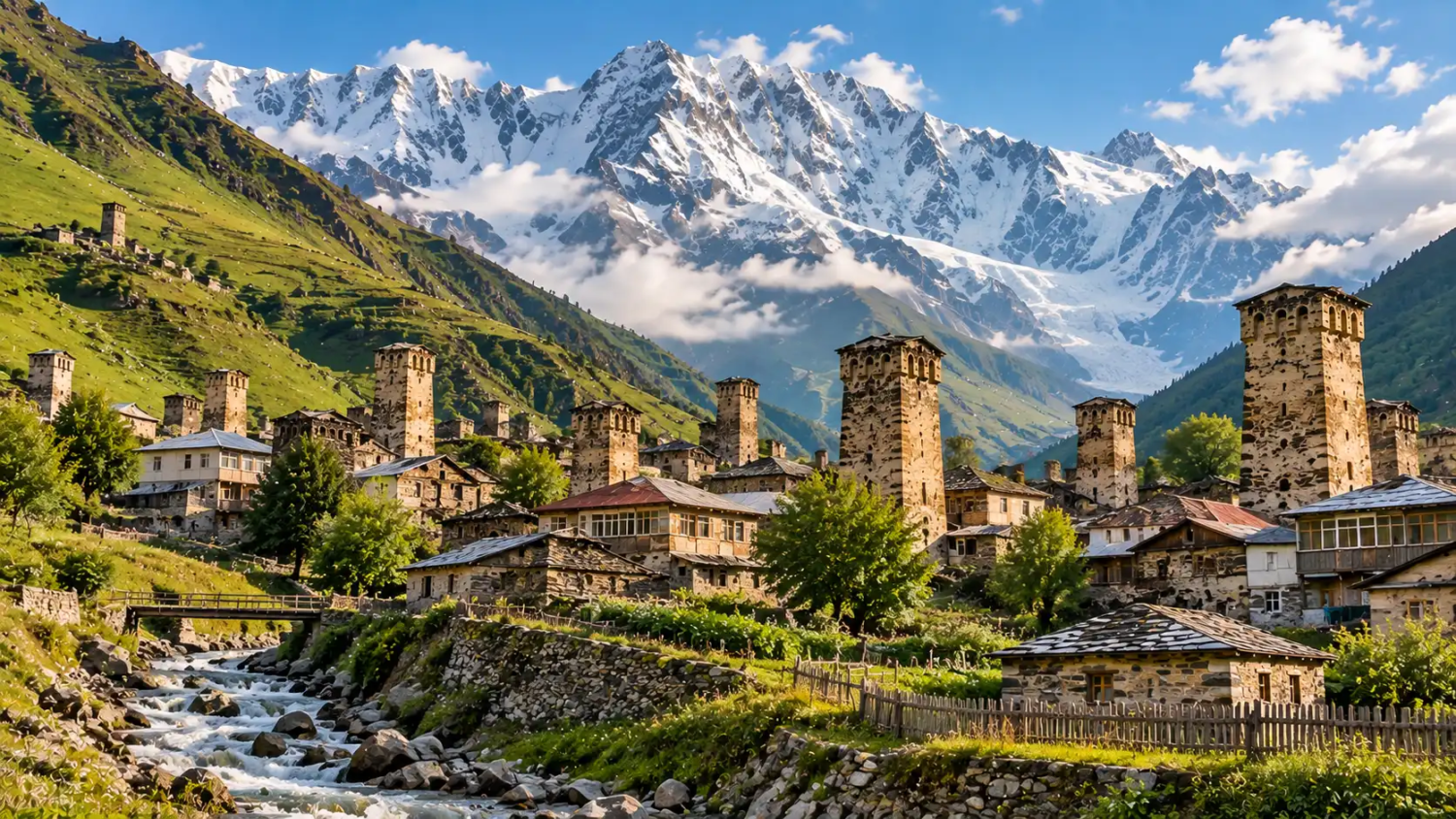 Stone tower houses of Chazhashi in Ushguli beside a mountain stream, with the snow-covered Shkhara massif behind