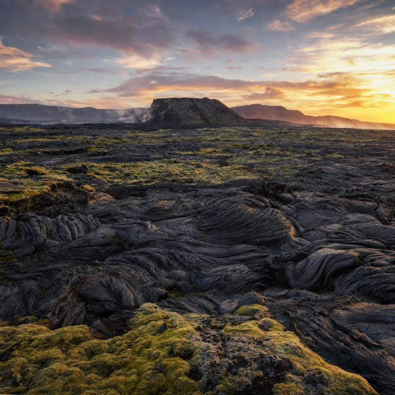 Fresh black lava field on Iceland's Reykjanes Peninsula at golden hour