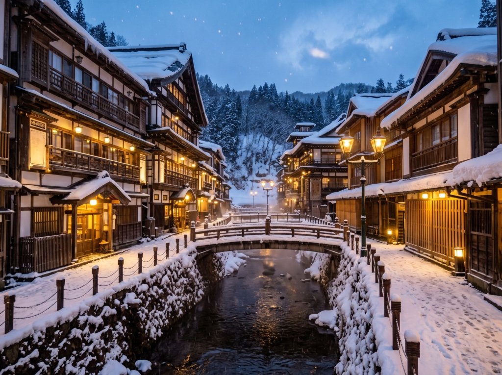 Snow-covered wooden ryokan along a river with a small footbridge and glowing lamps at dusk