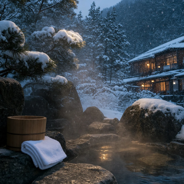 Steaming outdoor hot spring among snowy rocks and pines with a wooden bucket, towel and lit ryokan in the background