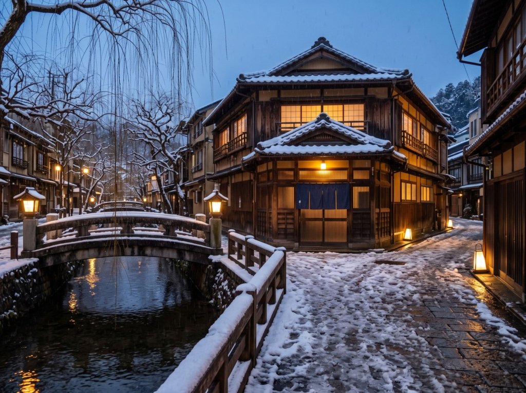 Snowy canal town street at dusk with a stone footbridge, bare willows and a lit wooden bathhouse