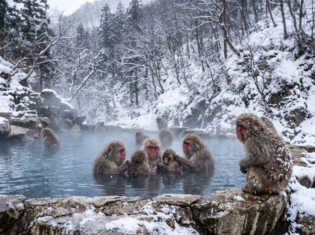 Japanese macaques sitting in a steaming hot spring pool surrounded by snowy rocks and trees