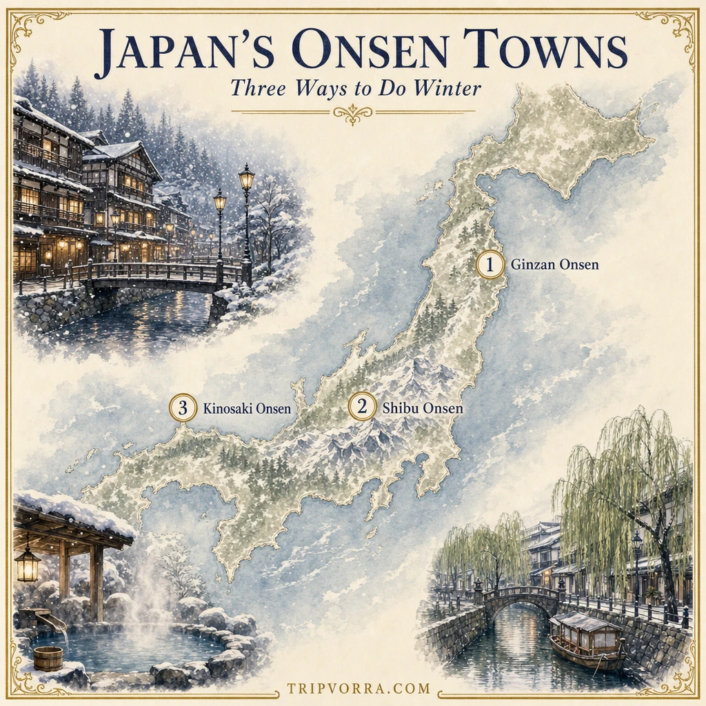 Illustrated map of Japan marking three onsen towns: Ginzan Onsen, Shibu Onsen and Kinosaki Onsen