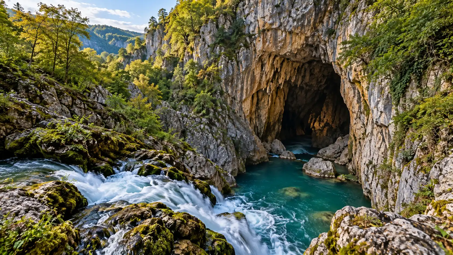 Reka River rushing over mossy rocks into a turquoise pool below a cliff cave entrance in the forested karst near Škocjan, Slovenia