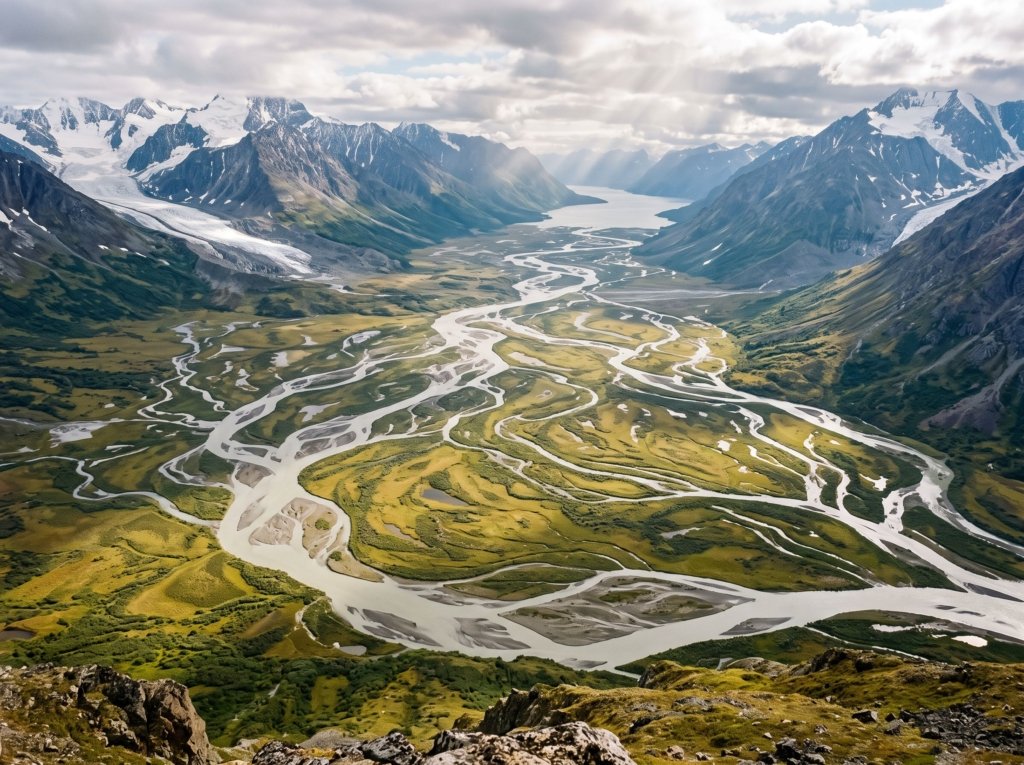 Wide Arctic valley seen from a ridge with pale braided meltwater channels, tundra and glaciated mountains