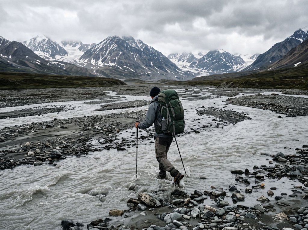 Hiker with a large backpack and trekking poles wading across a shallow braided stream in a mountain valley, seen from behind