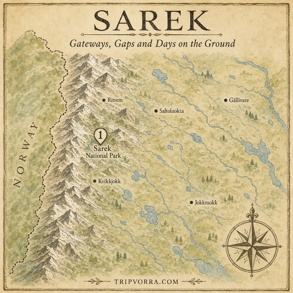 Illustrated map of northern Sweden marking Sarek National Park with Ritsem, Kvikkjokk, Saltoluokta, Jokkmokk and Gällivare
