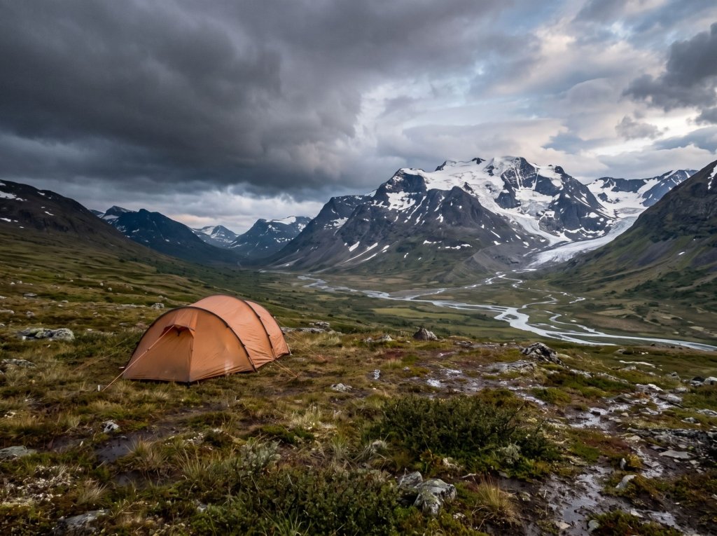 Small orange tent on open mountain tundra in evening light with dark clouds approaching