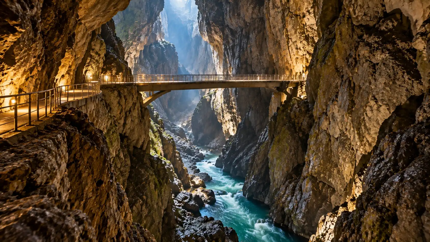 Footbridge spanning the Reka River gorge between lit limestone walls inside the Škocjan Caves, evoking the Cerkvenik Bridge