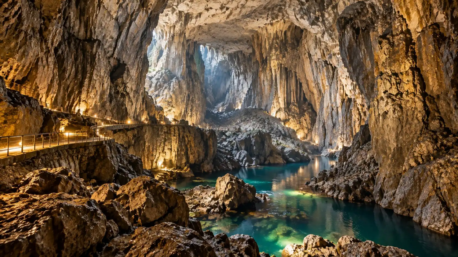 Lit visitor walkway beside a turquoise pool inside a huge cave chamber, illustrating the scale of the Martel Chamber in the Škocjan Caves