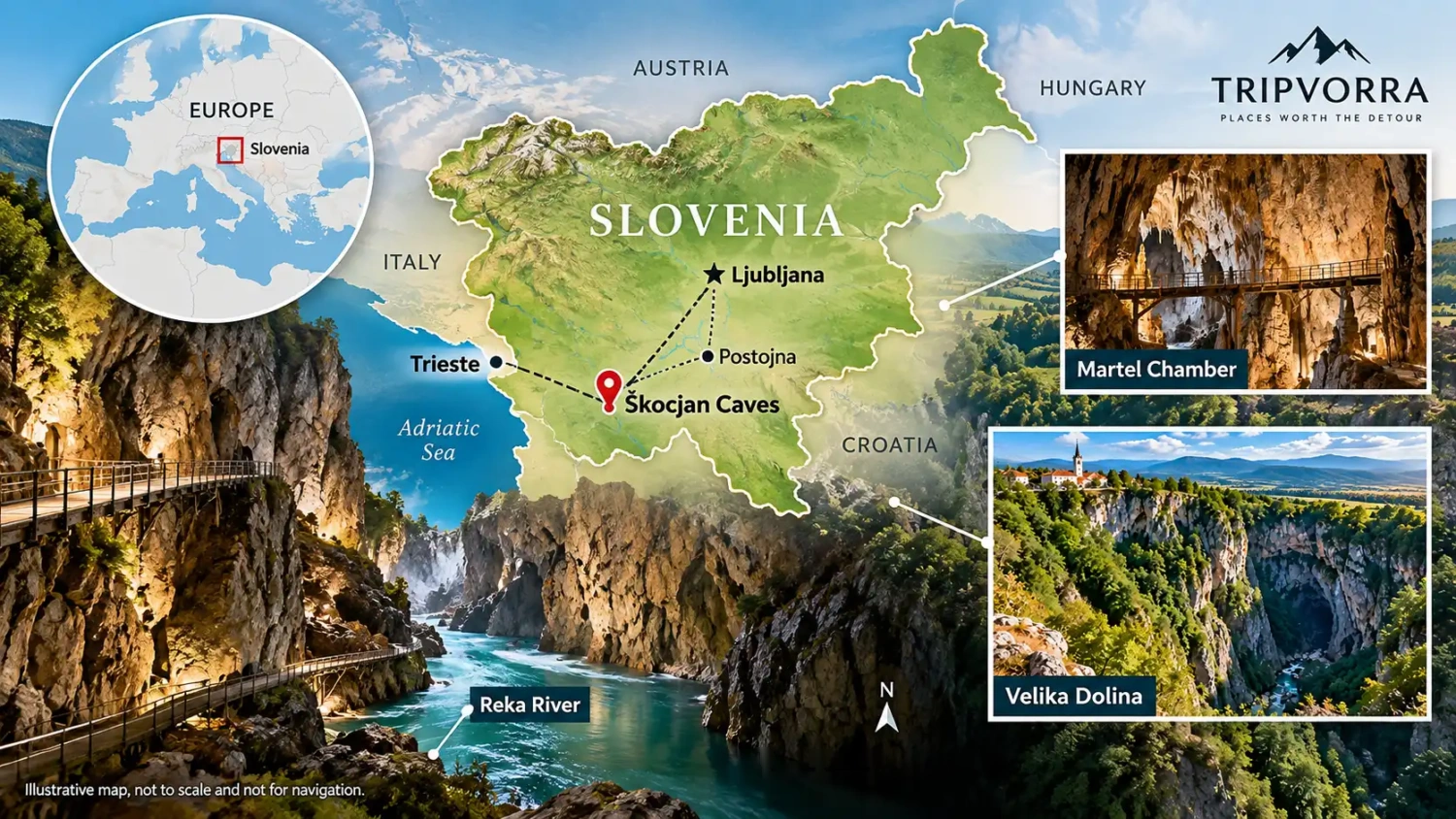 Illustrative map of Slovenia showing the Škocjan Caves in the southwest between Trieste and Postojna, with Ljubljana, a Europe locator inset, and photos of the Martel Chamber, Velika Dolina and the Reka River