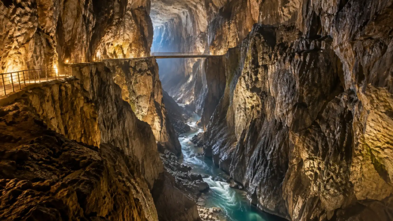 Lit walkway and footbridge high above a turquoise river in the vast underground canyon of the Škocjan Caves, Slovenia