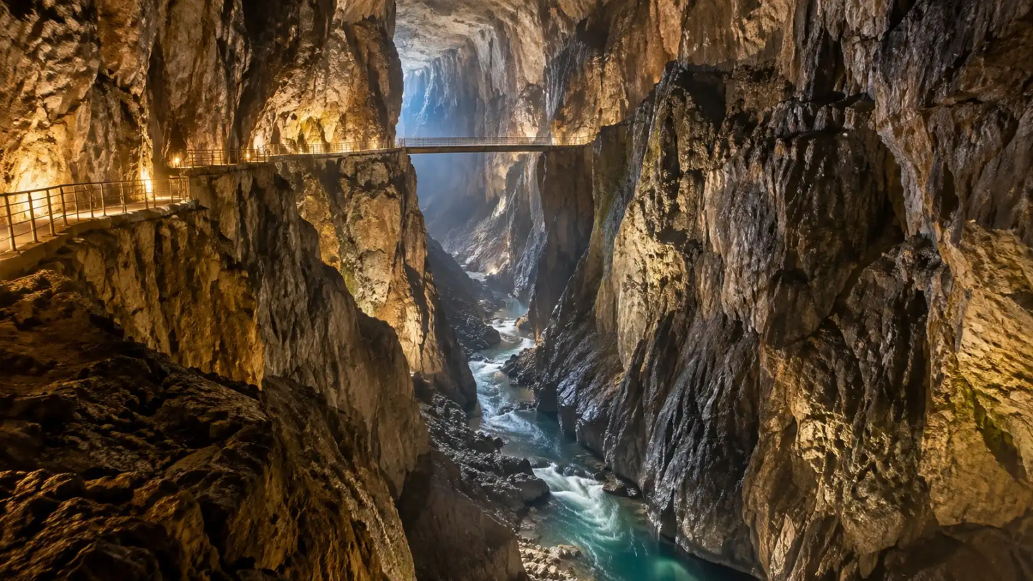 Lit walkway and footbridge high above a turquoise river in the vast underground canyon of the Škocjan Caves, Slovenia