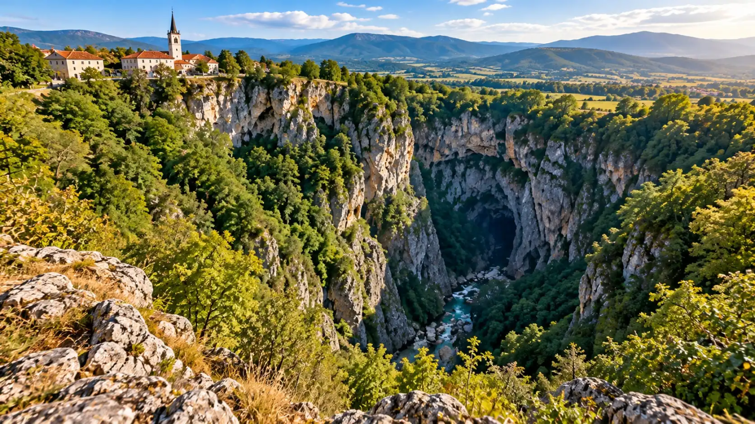 Velika Dolina collapse doline in Slovenia's Karst, with a village church on the rim and the Reka River entering a cave at the cliff base