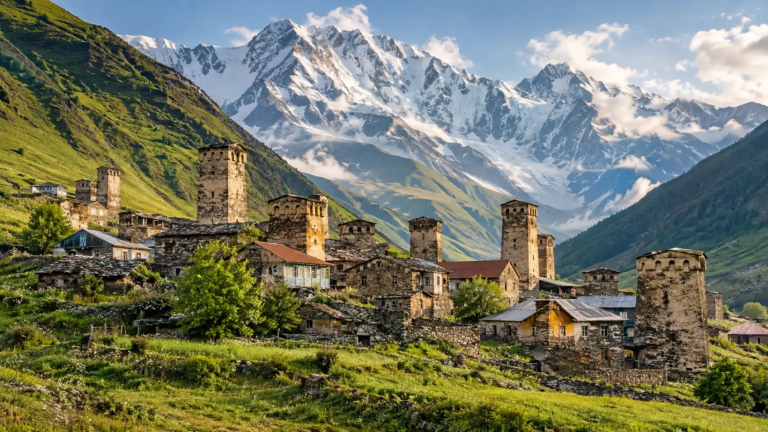 Medieval stone tower houses of Ushguli village below snow-covered Mount Shkhara in Upper Svaneti, Georgia