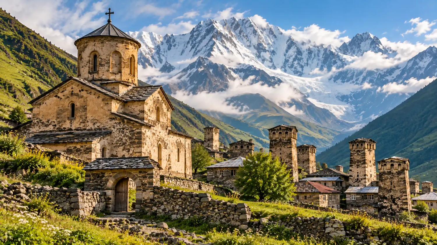 Lamaria church, a small stone church with a conical-roofed dome, beside the tower houses of Ushguli in Svaneti, Georgia