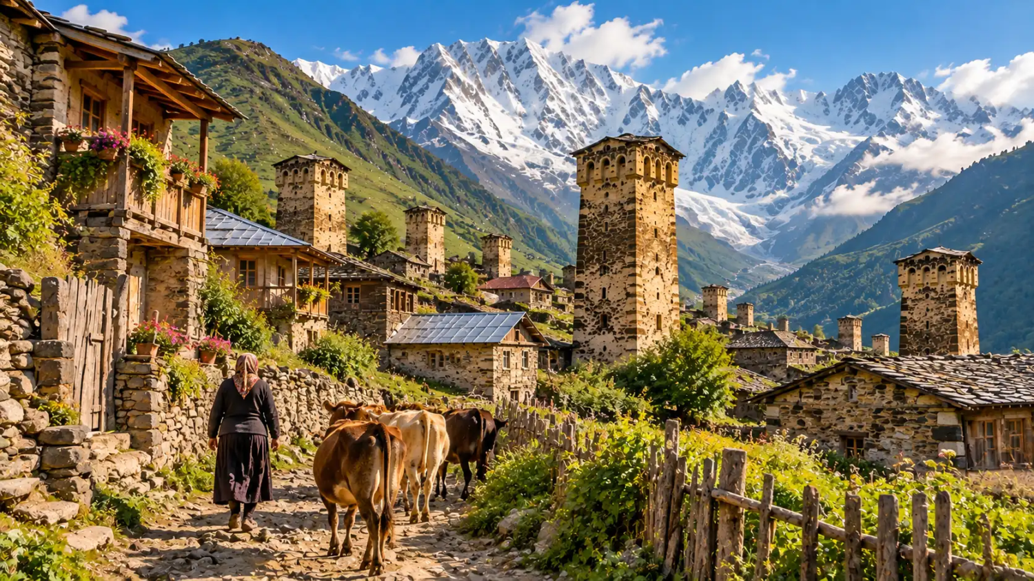 Woman leading cattle along a village path past stone houses, wooden balconies and tower houses in Ushguli, Georgia