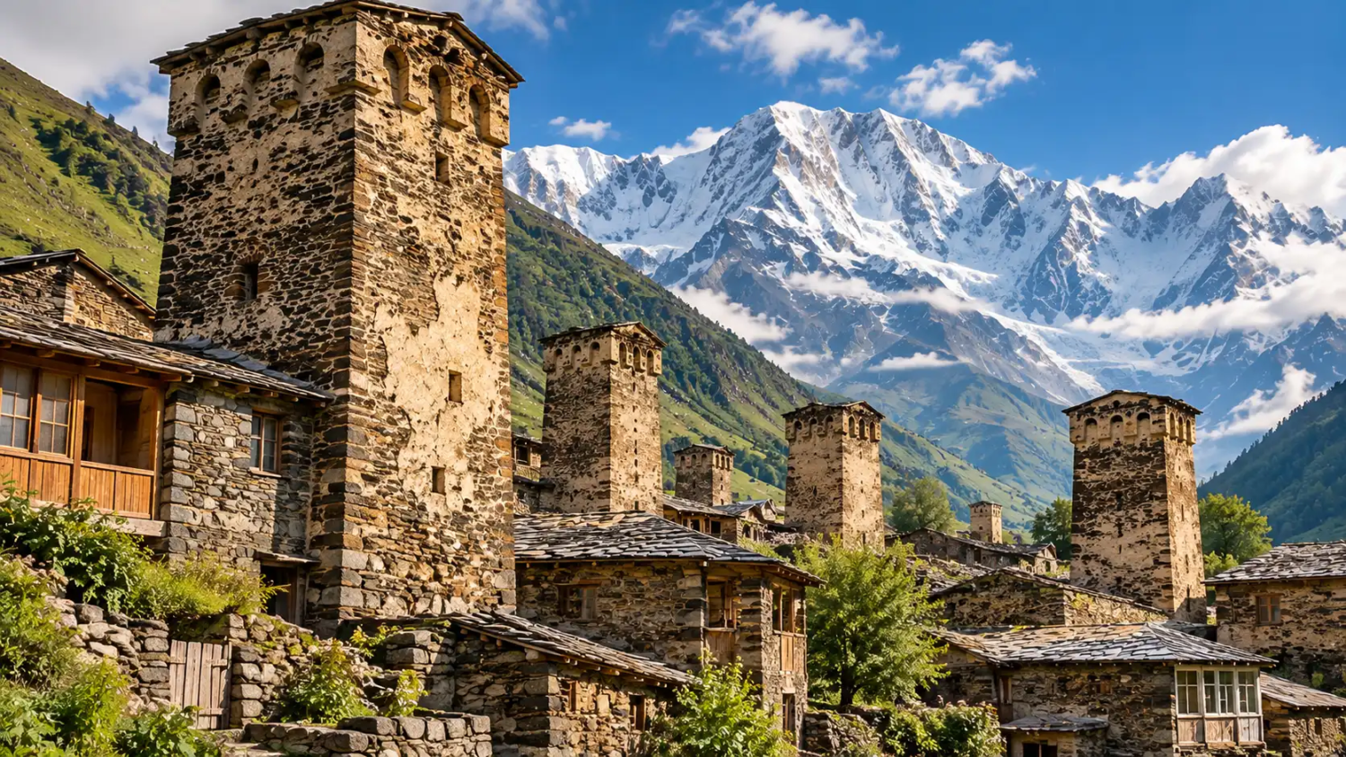 Close view of tapering Svan defensive stone towers with slate-roofed houses in Ushguli, Georgia, with Caucasus peaks behind