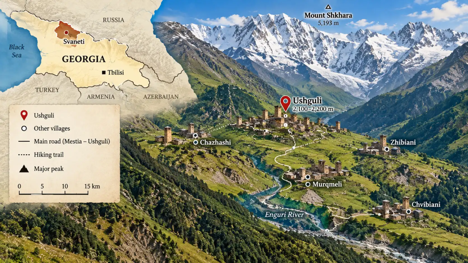 Illustrative map of Ushguli in Upper Svaneti, Georgia, showing the Mestia to Ushguli road, nearby villages Chazhashi, Zhibiani, Murqmeli and Chvibiani, the Enguri River and Mount Shkhara